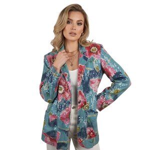 VTG Sandy Starkman Floral Sequin Blazer Jacket Size Small Turquoise Pink Artsy
